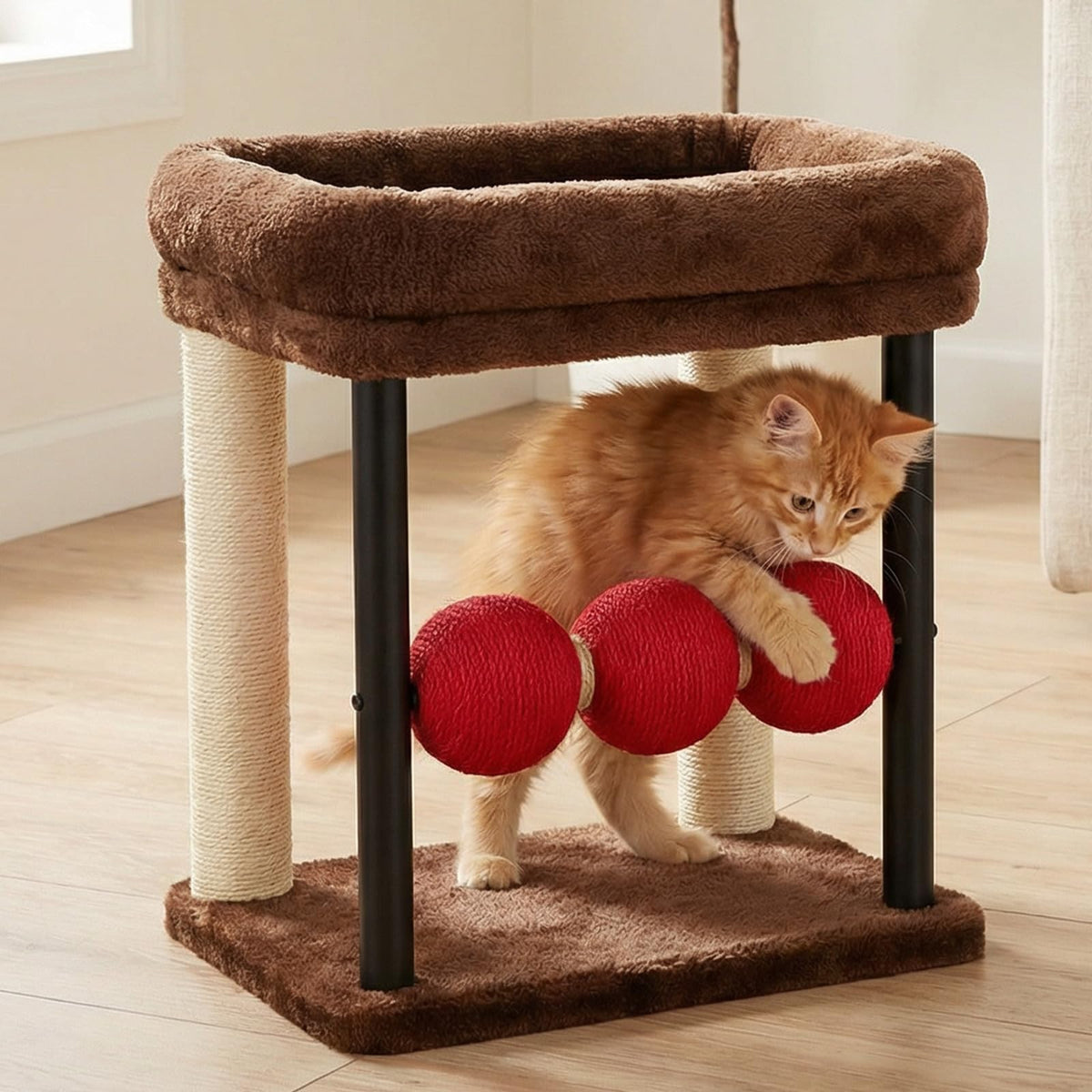 Veehoo Small Cat Tree, Cat Scratching Post with 17"x13" Wide Top Bed, 20.5" Sturdy Cats Tower with Natural Sisal Scratch Posts & Rotatable Balls for Small Spaces, Kittens