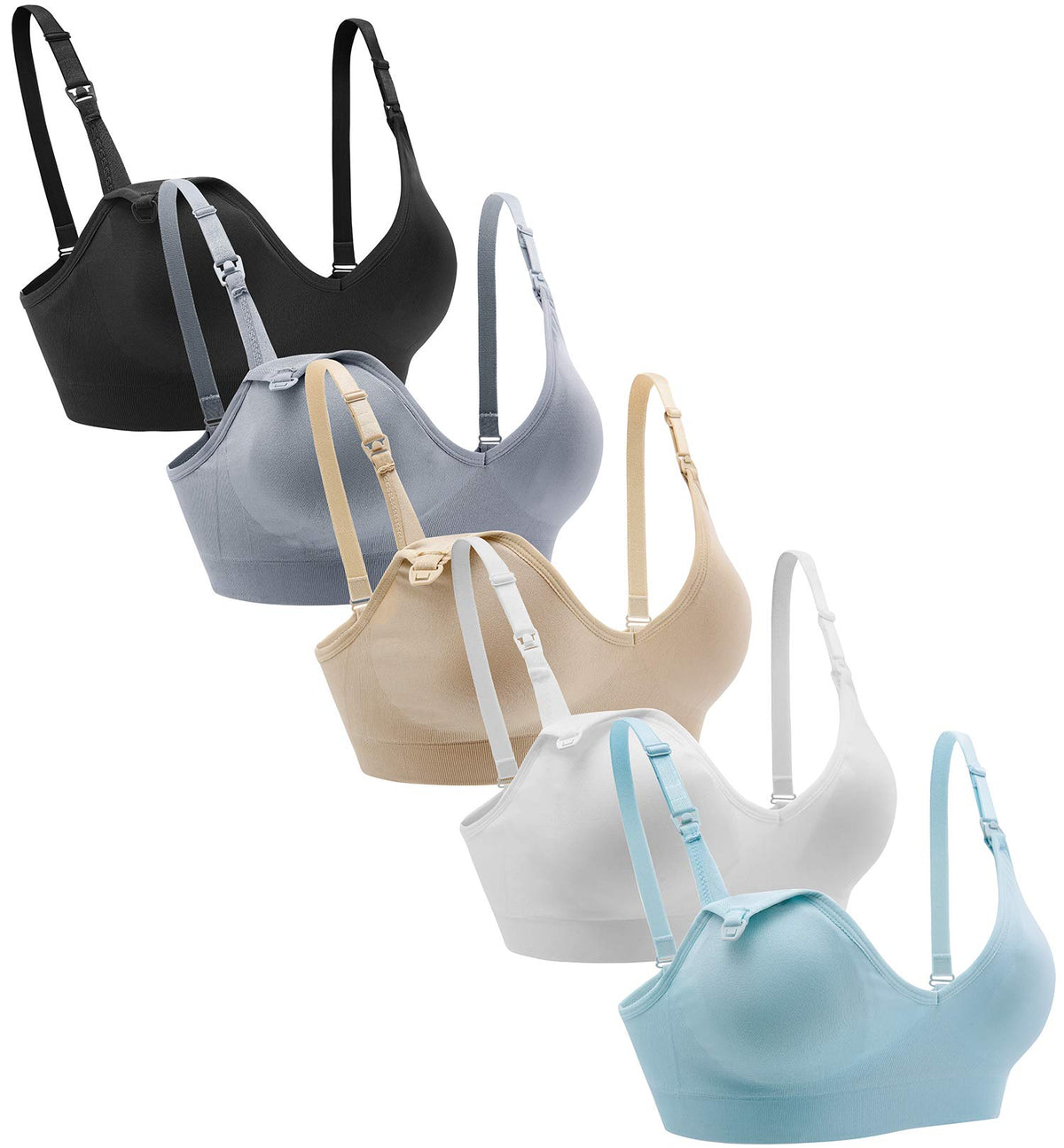 Women's Suekaphin 5pack Wireless Deep V Neck Bralette Sleeping Breastfeeding with Extenders,small,black/nude/white/gray/lightblue Nursing Bra