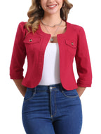 Allegra K Women's Denim Cardigan 3/4 Sleeve Collarless Jean Jackets - Red
