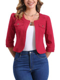 Allegra K Women's Denim Cardigan 3/4 Sleeve Collarless Jean Jackets - Red