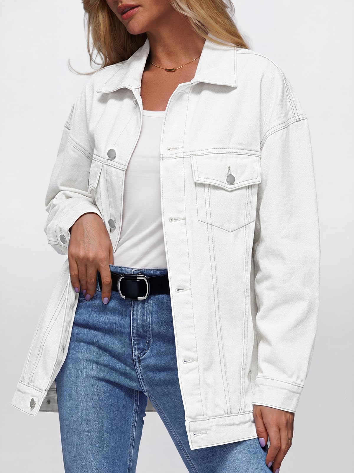 Automet Women's Button Down Oversized Jeans Jacket With Pockets - White