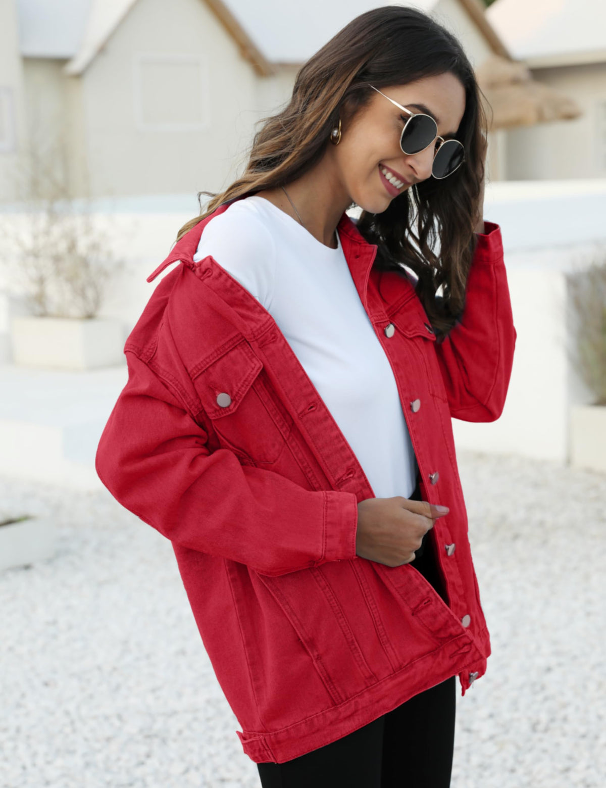 Omoone Women's Oversized Mid Long Denim Jacket Jean Biker Coat(0199-red-m)