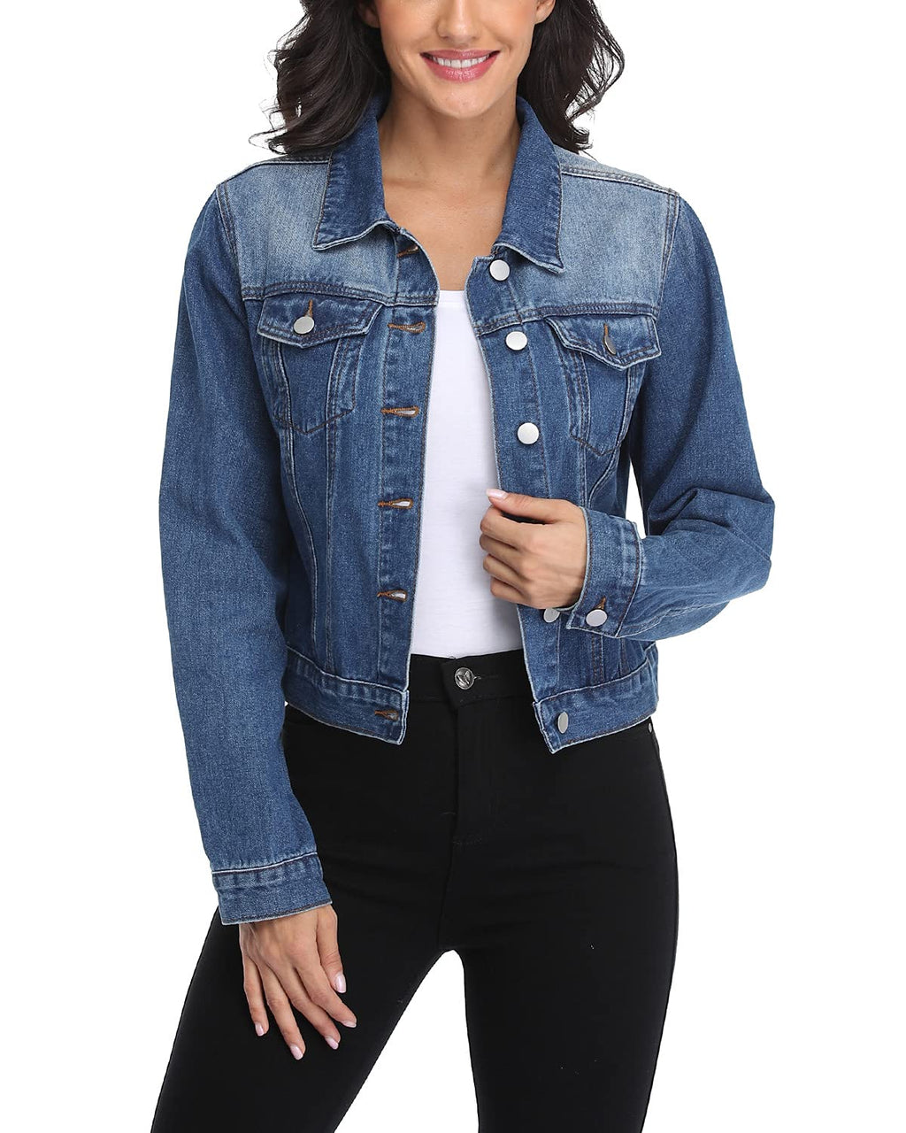 Andy & Natalie Women's Denim Jacket Fashion Long Sleeve Basic Button Down Crop Jean Jackets With Pockets Dark Blue Small