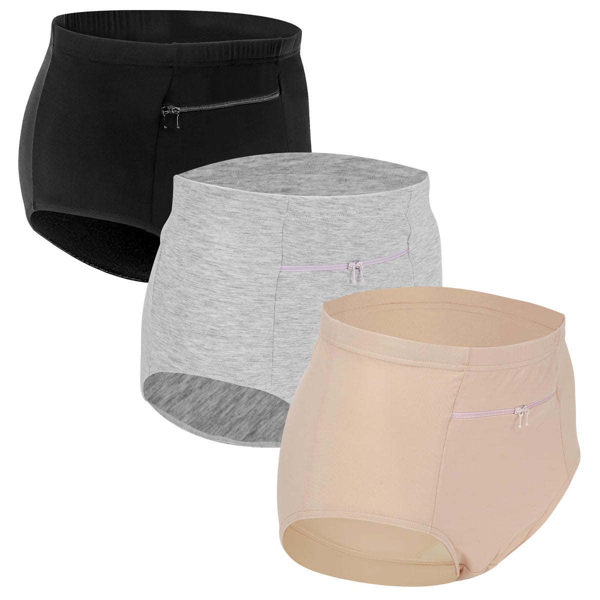 LUEXBOX 3 Pack Women's Underwear with Secret Pocket Panties, Travel Womens Underwear, Waisted Brief Panties X-Small Size (Black, Light Brown, Grey)