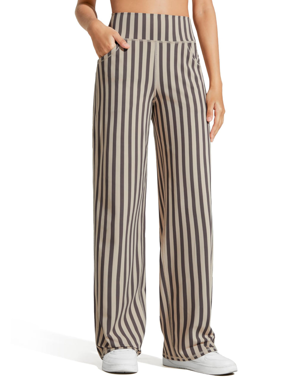 Promover Wide-Leg Pants For Women With Pockets Soft Khaki Stripe Xs