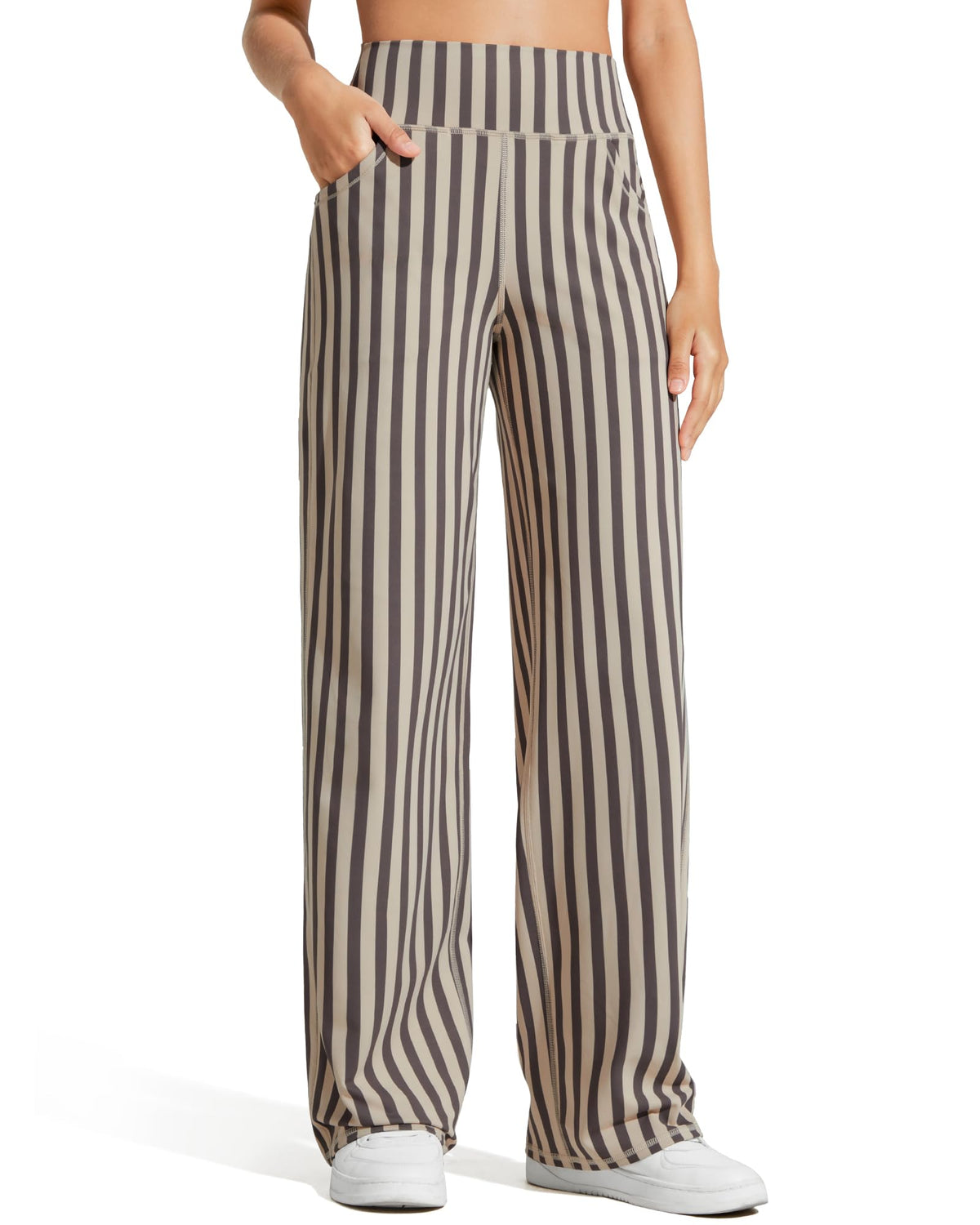 Promover Wide-Leg Pants For Women With Pockets Soft Khaki Stripe Xs
