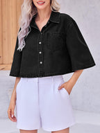 Tankaneo Womens Denim Top Shirt Half Sleeve Button Down Cropped Jean Jacket - Black