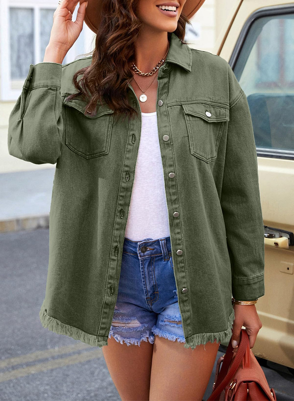 Dokotoo Fall Outfits For Women Button Down Oversized Jean Jacket Green XL - B5