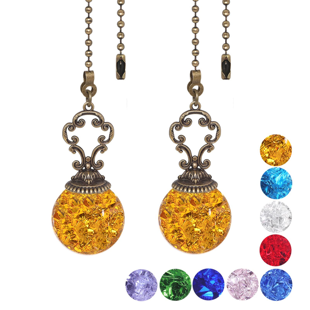 Amber Pull Chain Ceiling Fan Ornaments - 2 Pieces, 30CM Each Chain with Crystal Ice Cracked Ball