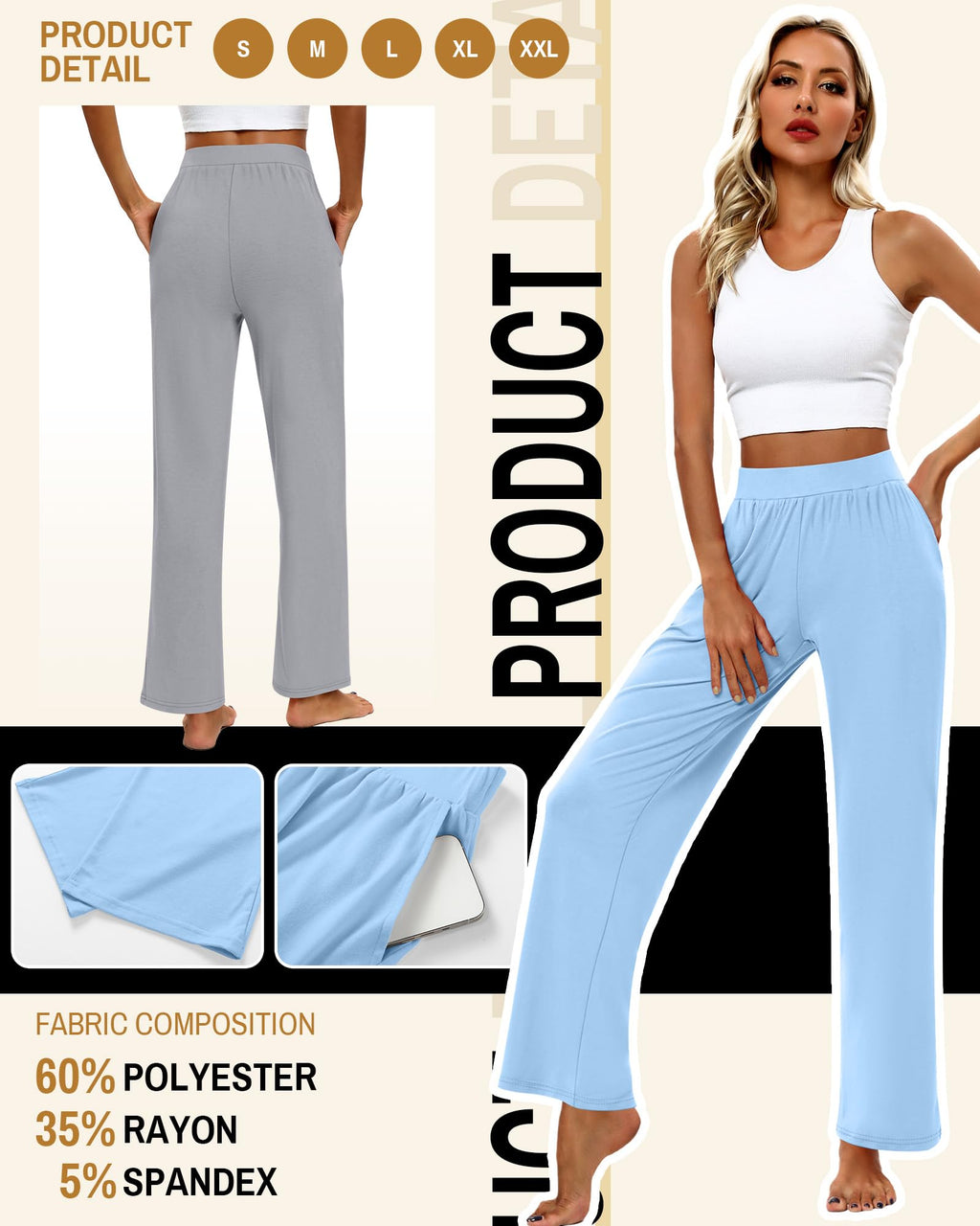 Huukeay 3 Pack Women's Lounge Pants Cozy Sweatpants - Light Gray, Sky