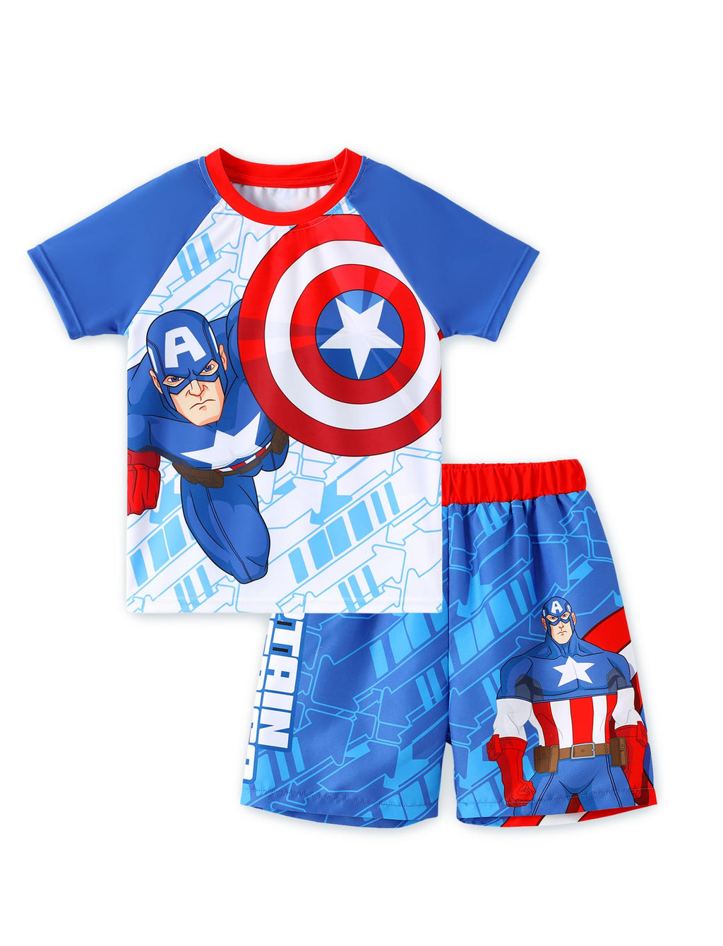 Disney Marvel Captain America Boys Swim Set Birthday Party Swimsuit 2 Pcs Sand Bathing Suit Kids Swimwear Set Summer Rash Guard Shirts & Swim Trunks Blue Little Boy Swimming Clothing UPF 50+ 3-4 Years