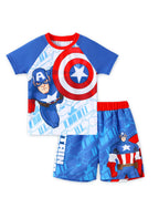 Disney Marvel Captain America Boys Swim Set Birthday Party Swimsuit 2 Pcs Sand Bathing Suit Kids Swimwear Set Summer Rash Guard Shirts & Swim Trunks Blue Little Boy Swimming Clothing UPF 50+ 3-4 Years
