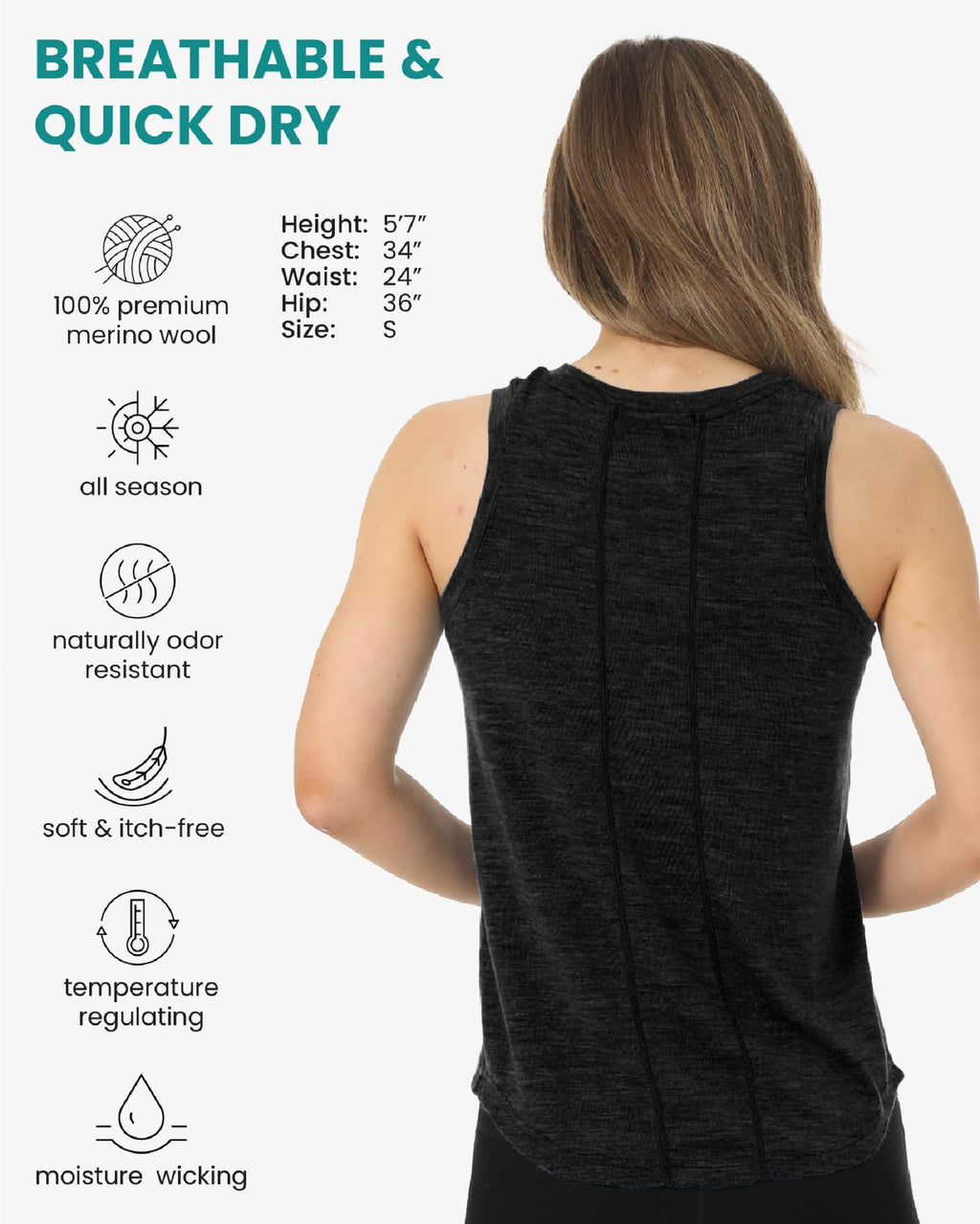 100% Merino Wool Tank Top Women - Active Sleeveless Undershirt Base Layer (Medium, H: Heathered Black)