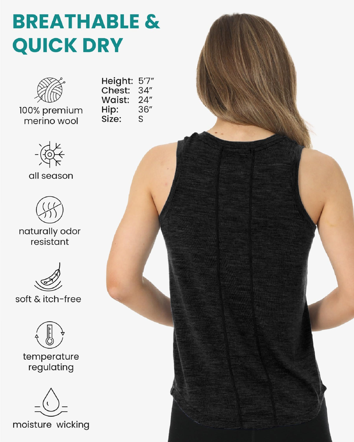 100% Merino Wool Tank Top Women - Active Sleeveless Undershirt Base Layer (Small, H: Heathered Black)