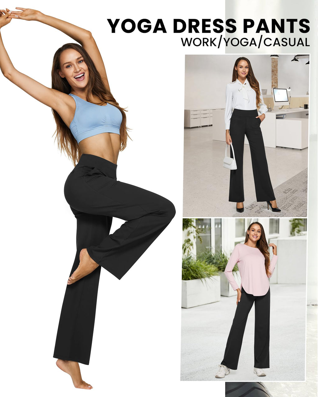 G4free Wide-Leg Yoga Pants For Women With Pockets Stretch Black Xxl