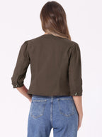 Allegra K Women's Denim Cardigan 3/4 Sleeve Collarless Jean Jackets - Dark Brown