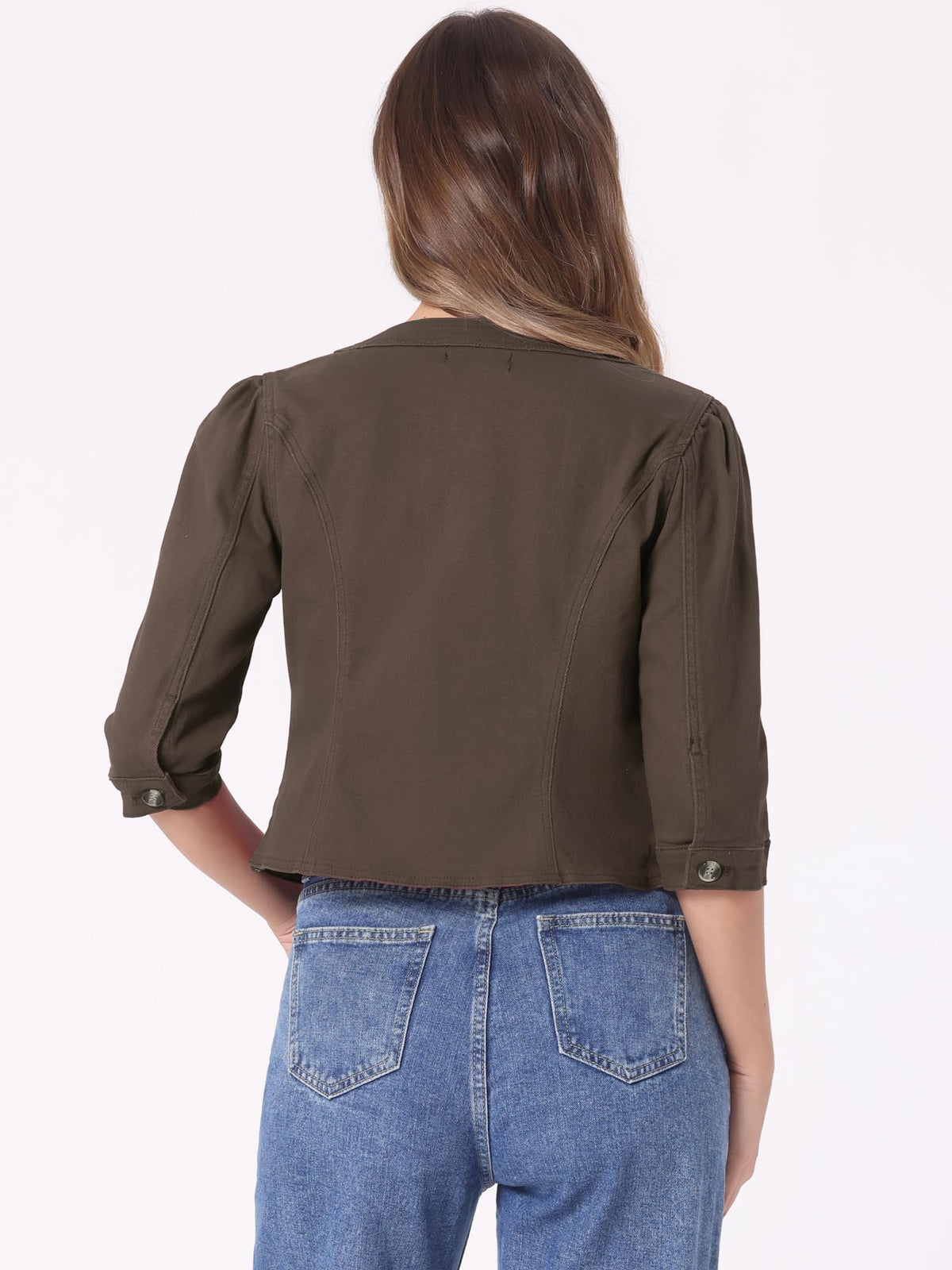 Allegra K Women's Denim Cardigan 3/4 Sleeve Collarless Jean Jackets - Dark Brown