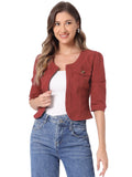 Allegra K Women's Denim Cardigan 3/4 Sleeve Collarless Jean Jackets - Brick Red