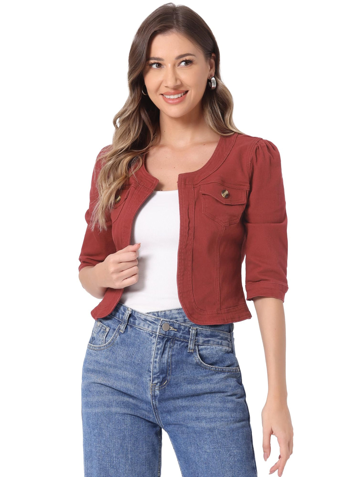 Allegra K Women's Denim Cardigan 3/4 Sleeve Collarless Jean Jackets - Brick Red