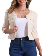 Allegra K Women's Denim Cardigan 3/4 Sleeve Collarless Jean Jackets - Cream