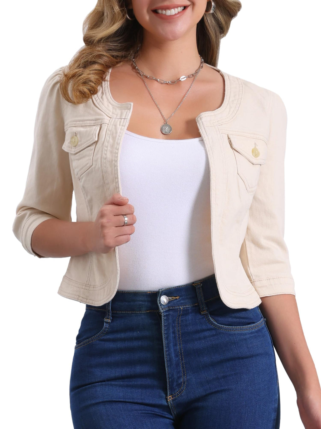 Allegra K Women's Denim Cardigan 3/4 Sleeve Collarless Jean Jackets - Cream