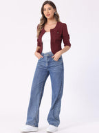 Allegra K Women's Denim Cardigan 3/4 Sleeve Collarless Jean Jackets - Purple Red