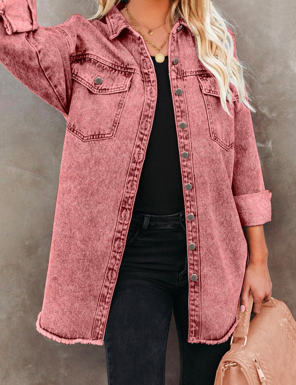 Vetinee Women's Red Jacket Women Oversized Boyfriend Burnt Ochre Front Button Up Frayed Raw Hem Long Sleeve Pockets Denim Jean Shacket