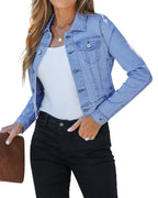 Luvamia Womens Fashion Long Sleeve Button Down Stretchy Denim Jean Jacket - Blue Outfits For Women - Medium Size 4 / 6