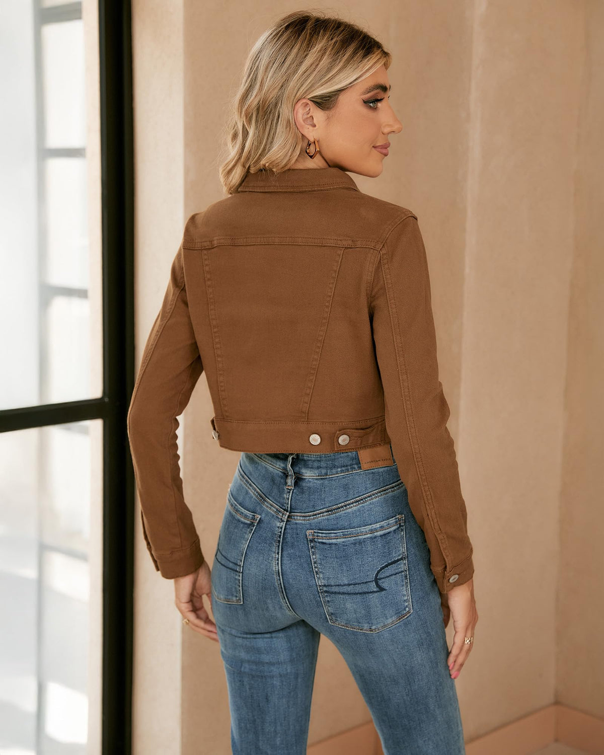 Luvamia Womens Fashion Long Sleeve Button Down Stretchy Denim Jean Jacket Ladies Fall Jackets Chaqueta De Mezclilla Para Mujer Brown Size