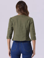 Allegra K Women's Denim Cardigan 3/4 Sleeve Collarless Jean Jackets - Army Green