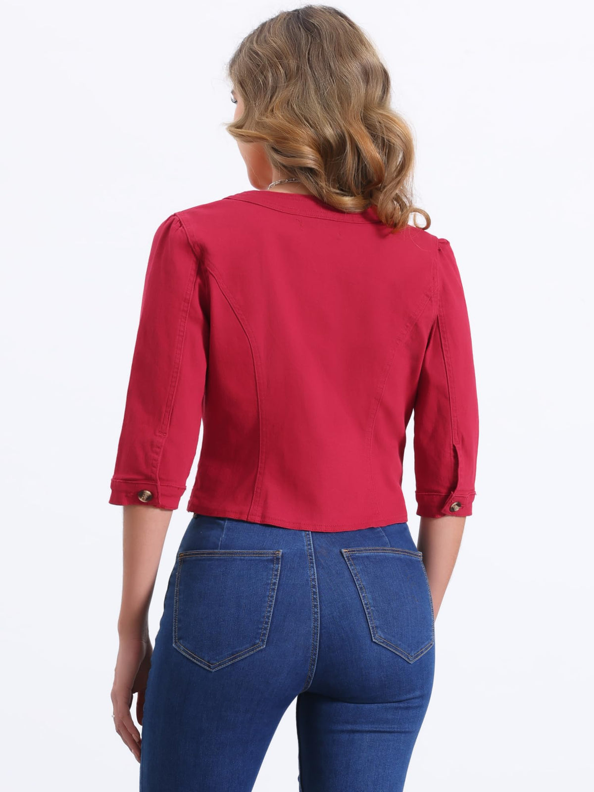 Allegra K Women's Denim Cardigan 3/4 Sleeve Collarless Jean Jackets - Red