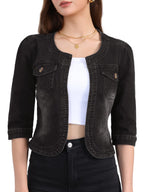 Allegra K Women's Denim Cardigan 3/4 Sleeve Collarless Jean Jackets - Black