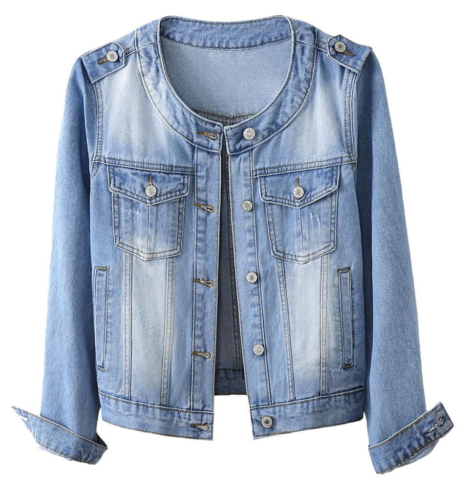 Kedera Jean Jacket Women Collarless Button Down Long Sleeve Western Denim Country Concert Outfits - Roadknight Blue