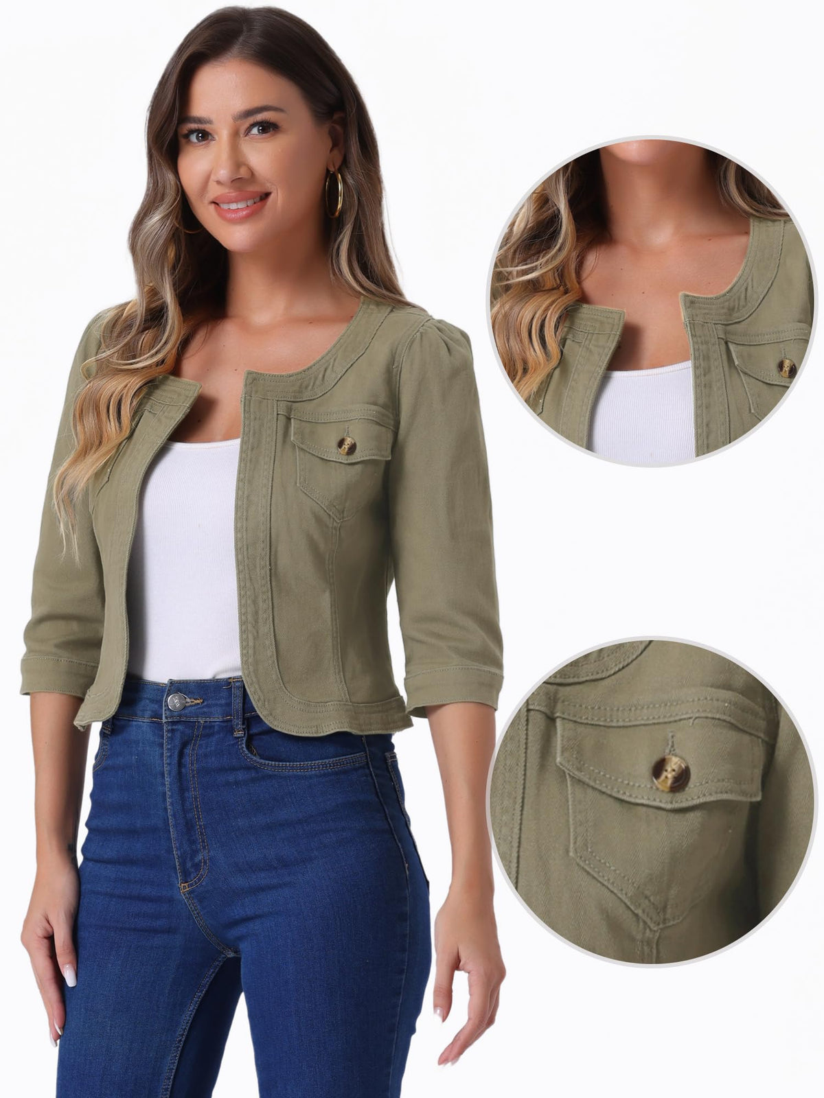 Allegra K Women's Denim Cardigan 3/4 Sleeve Collarless Jean Jackets - Field Grey