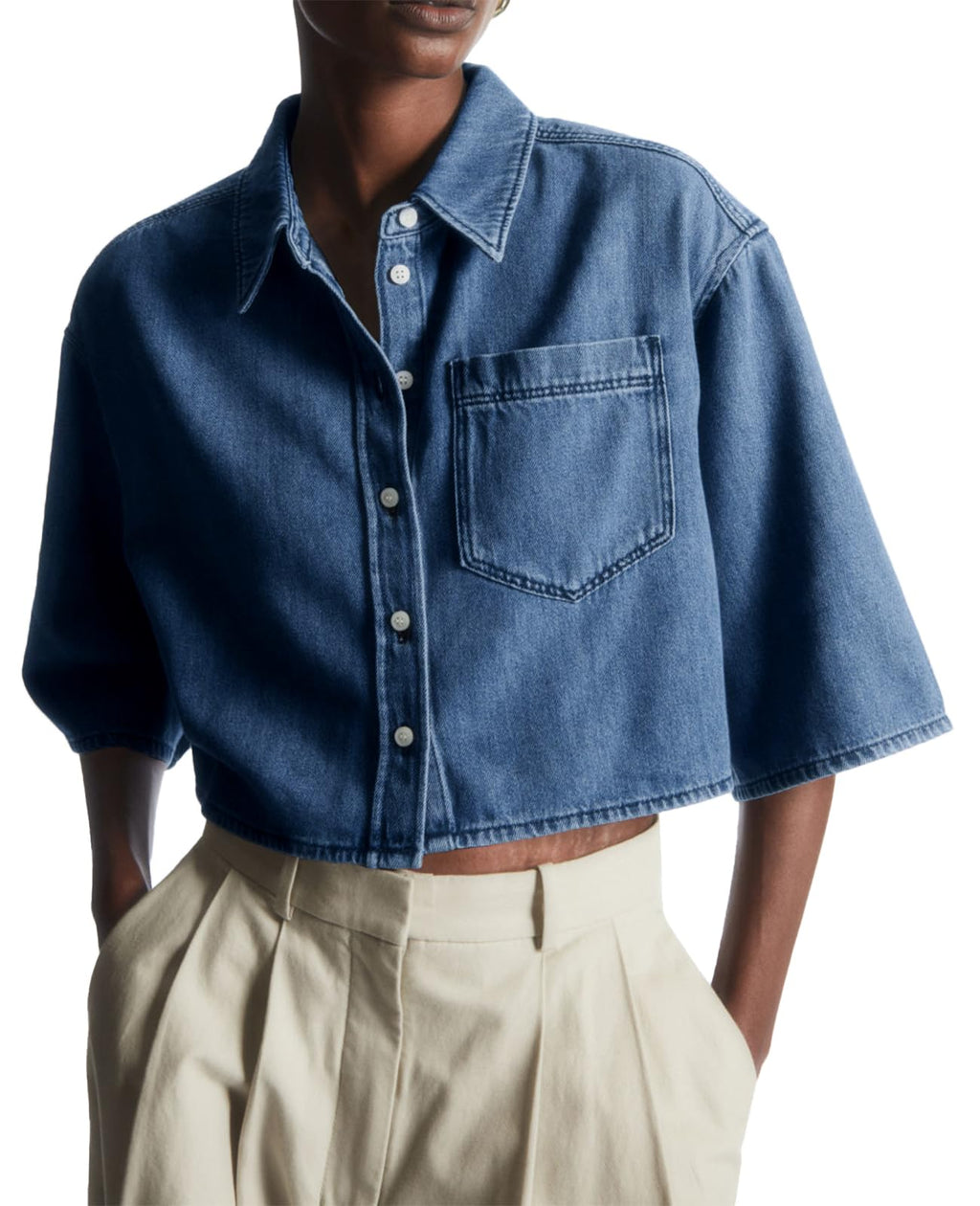 Tankaneo Womens Denim Top Shirt Half Sleeve Button Down Cropped Jean Jacket - Blue