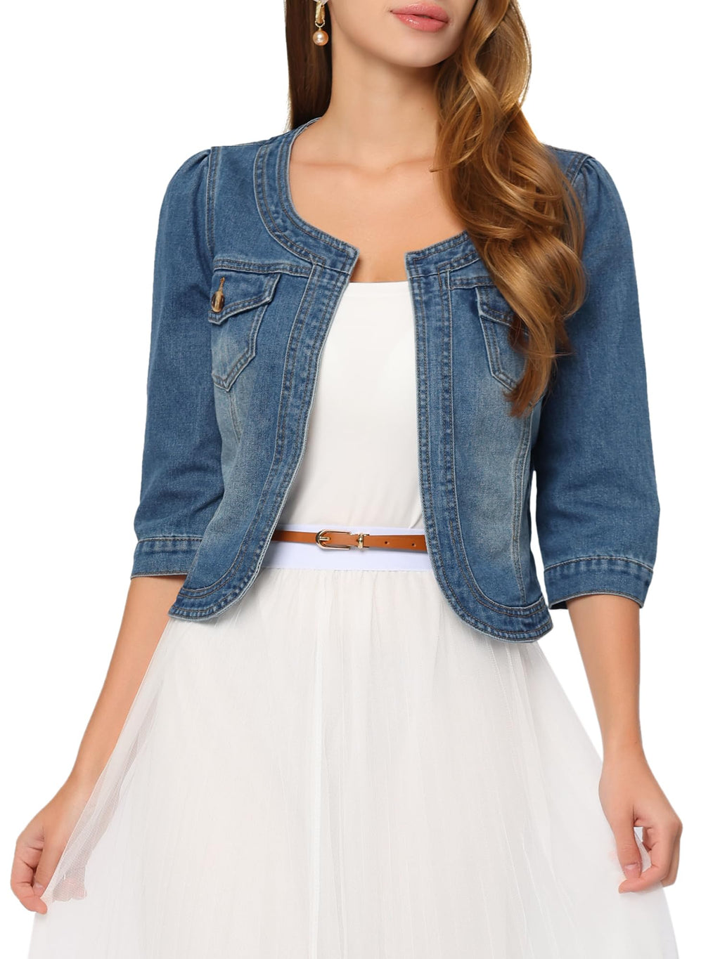 Allegra K Women's Denim Cardigan 3/4 Sleeve Collarless Jean Jackets - Blue