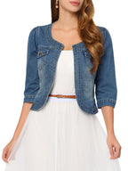 Allegra K Women's Denim Cardigan 3/4 Sleeve Collarless Jean Jackets - Blue
