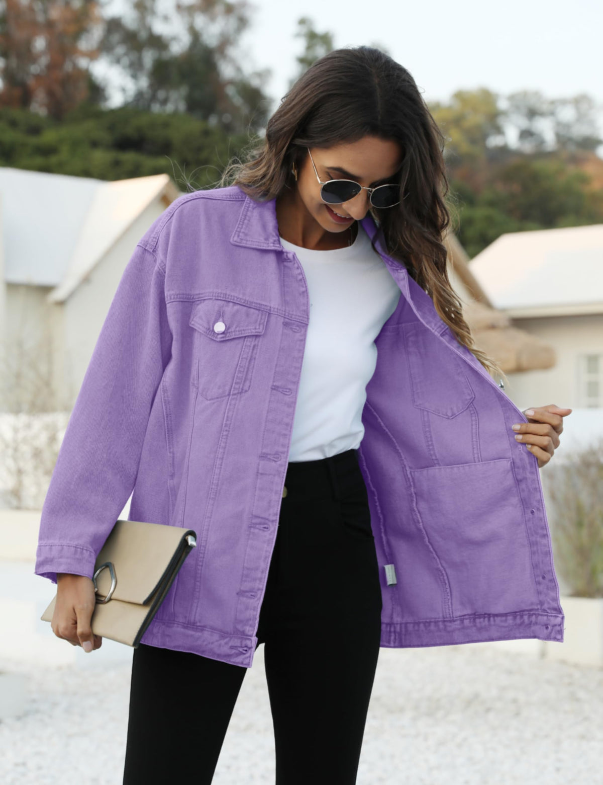 Omoone Women's Oversized Mid Long Denim Jacket Jean Biker Coat(0199-purple-m)
