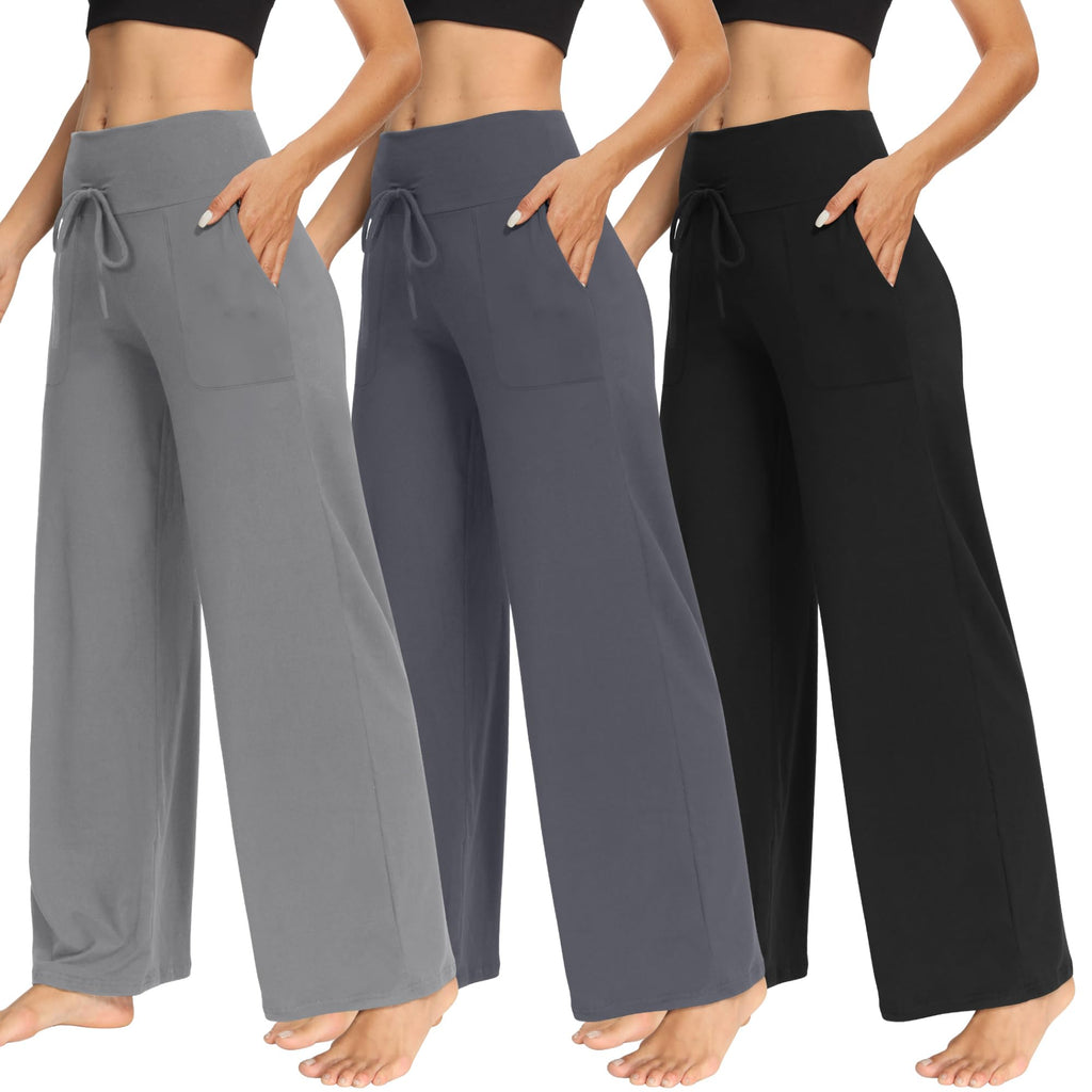 Tnnzeet 3 Pack Women's Wide-Leg Pants With Pockets - Black, Grey,
