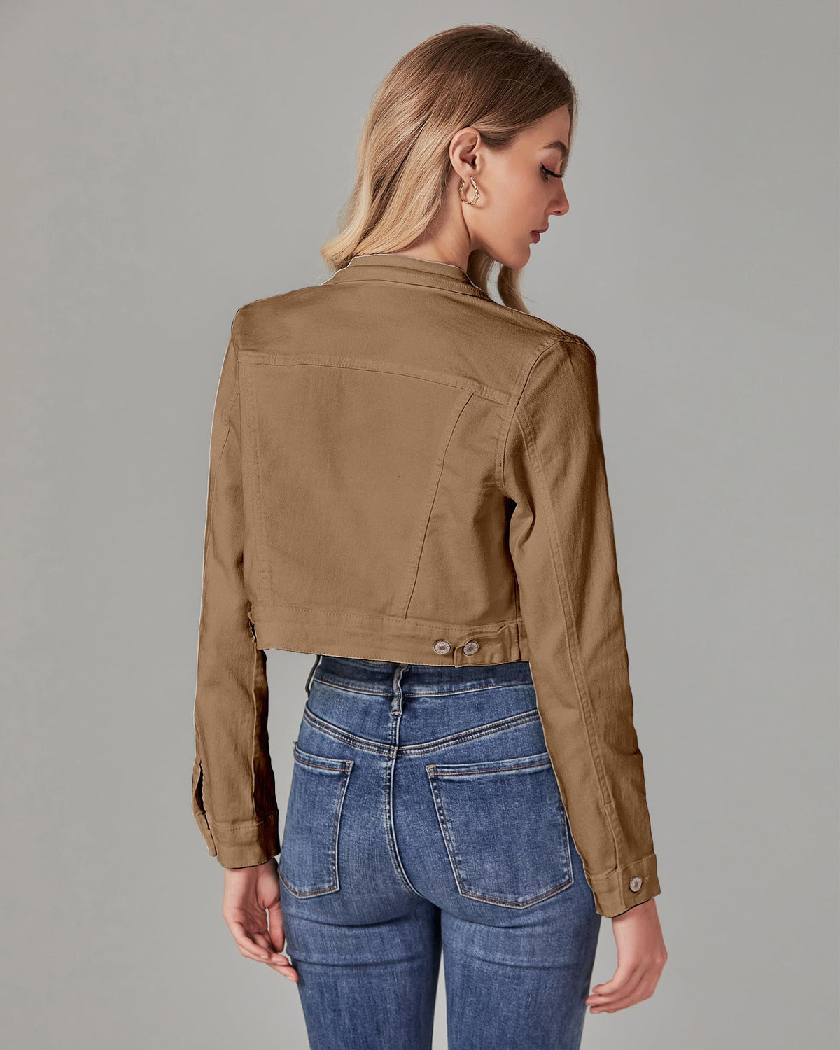 Luvamia Women's Fashion Long Sleeve Button Down Stretchy Cropped Denim Jacket - Almond Brown Size 4/6