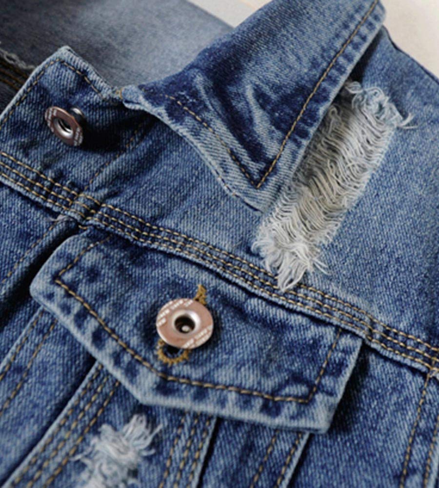 Kedera Womens Casual Button Up Long Sleeve Denim Trucker Jacket Distressed Ripped Jackets Jean For Women With Pockets - Dark Blue