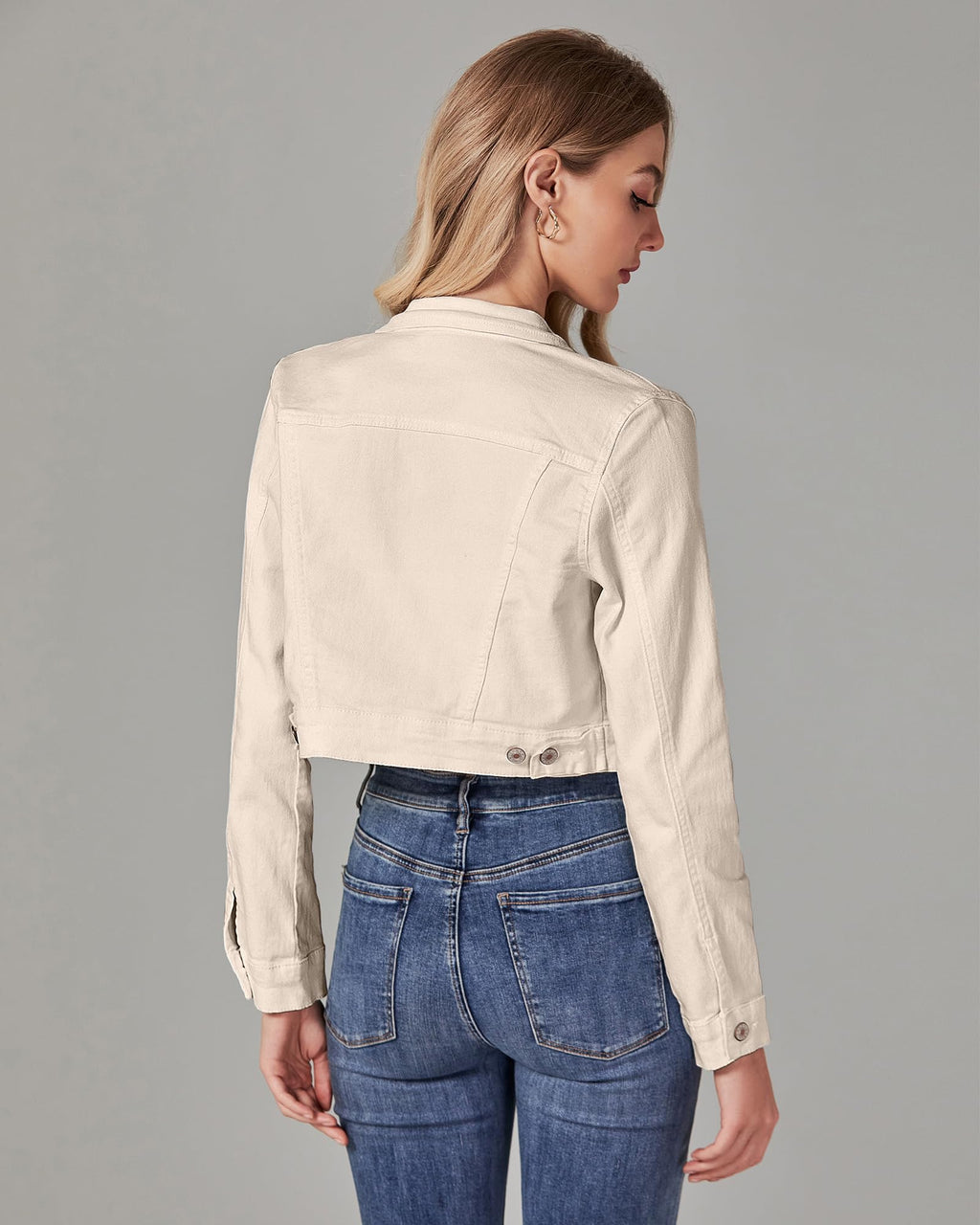 Luvamia Women's Fashion Long Sleeve Button Down Stretchy Denim Cropped Jacket - Cute Spring In Light Beige, Size Medium (fits 8/10)