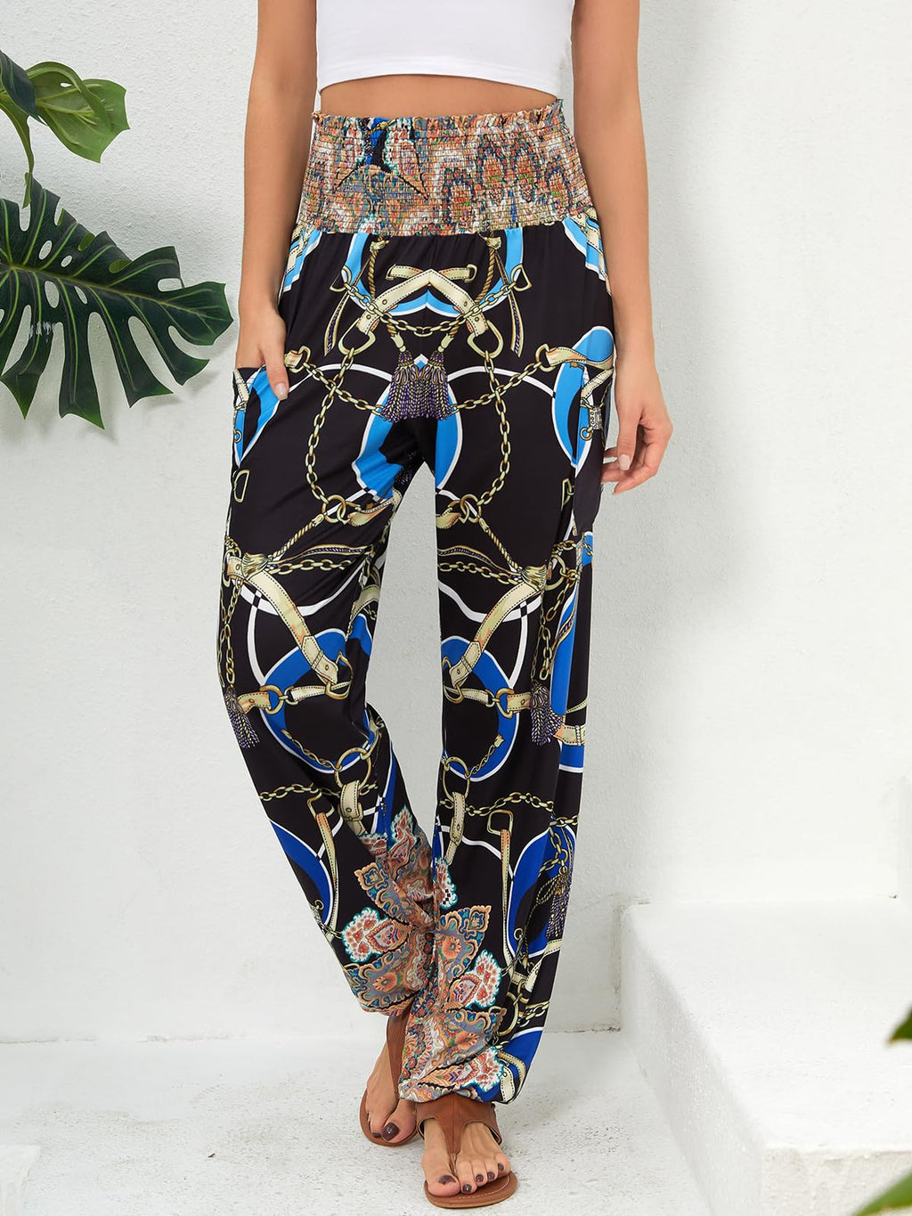 Qianxizhan Women's Harem Pants High-Waist Yoga Boho - Chain Blue
