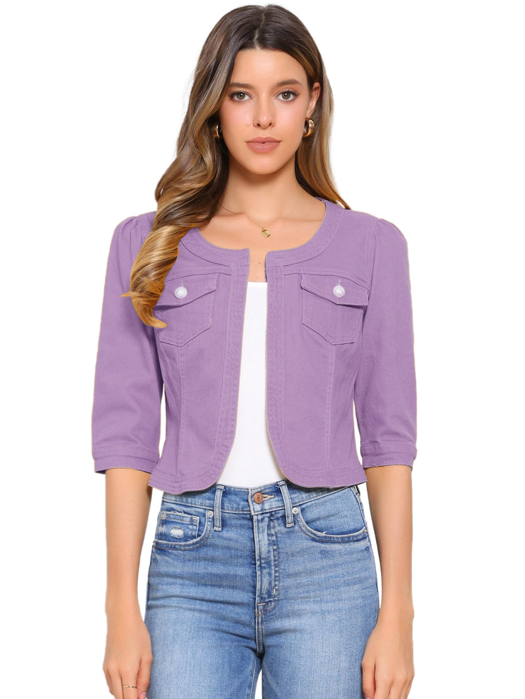 Allegra K Women's Denim Cardigan 3/4 Sleeve Collarless Jean Jackets - Purple