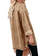 Vetinee Women's Women Jackets Oversized Boyfriend Almond Brown Front Button Up Frayed Raw Hem Long Sleeve Pockets Denim Jean Jacket Shacket