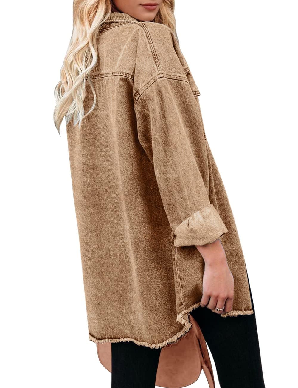 Vetinee Women's Women Jackets Oversized Boyfriend Almond Brown Front Button Up Frayed Raw Hem Long Sleeve Pockets Denim Jean Jacket Shacket