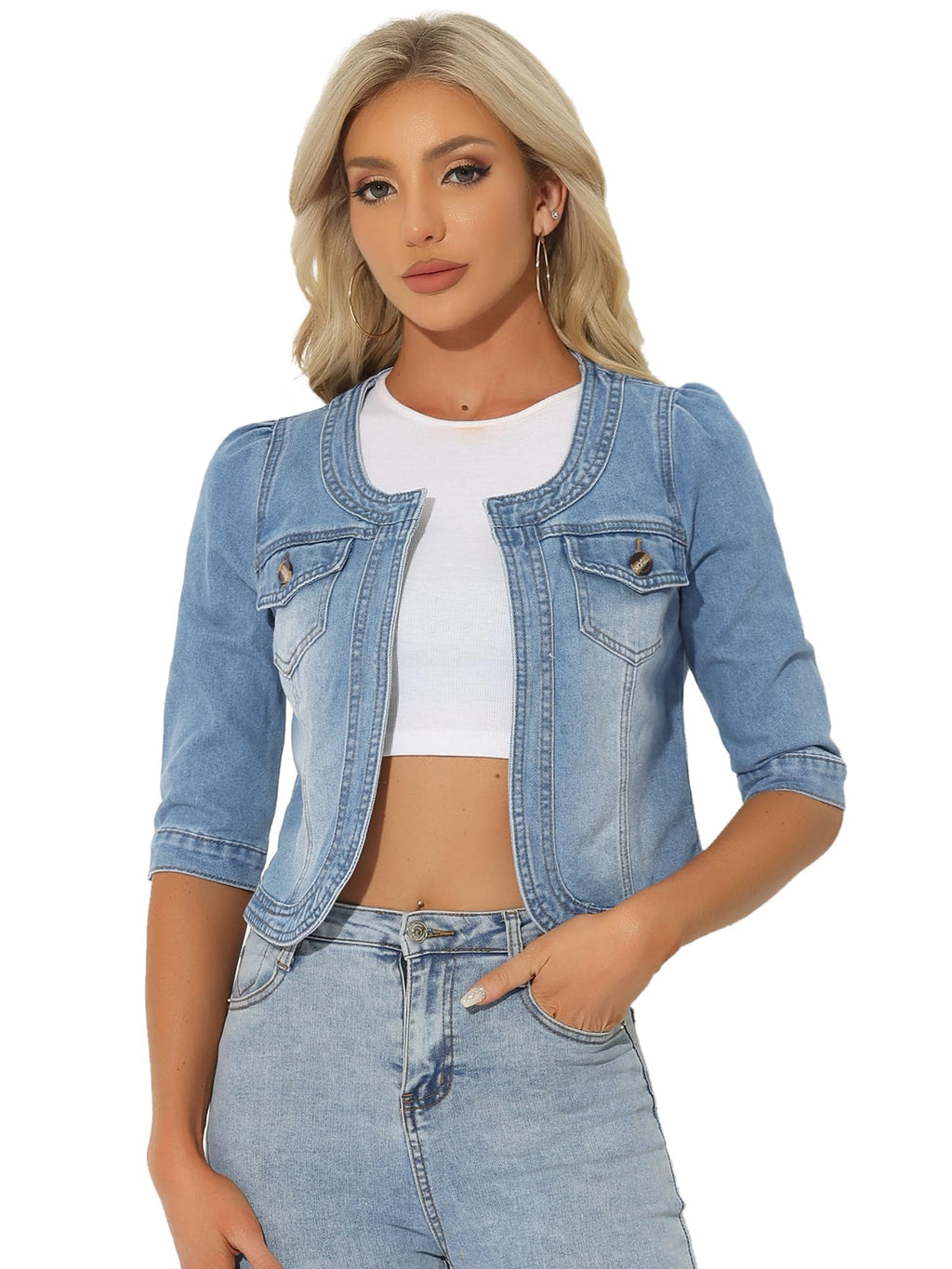 Allegra K Women's Denim Cardigan 3/4 Sleeve Collarless Jean Jackets - Light Blue