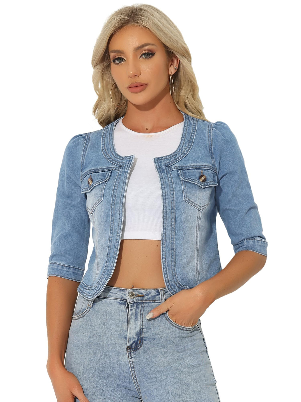 Allegra K Women's Denim Cardigan 3/4 Sleeve Collarless Jean Jackets - Light Blue
