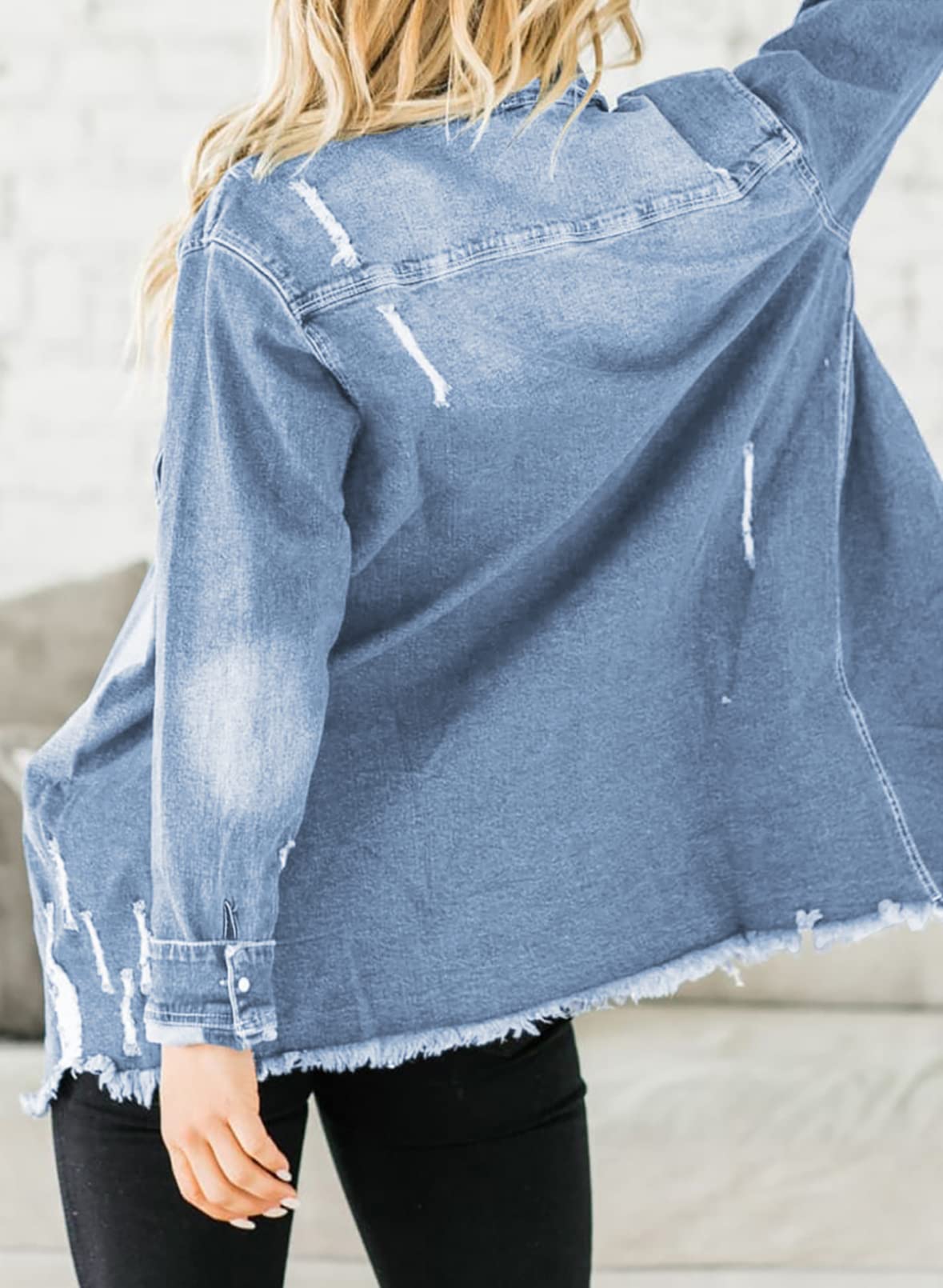 Dokotoo Jean Jacket Women Distressed Boyfriend Denim Light Blue 3xl - C2 Sky