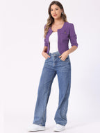 Allegra K Women's Denim Cardigan 3/4 Sleeve Collarless Jean Jackets - Dark Purple